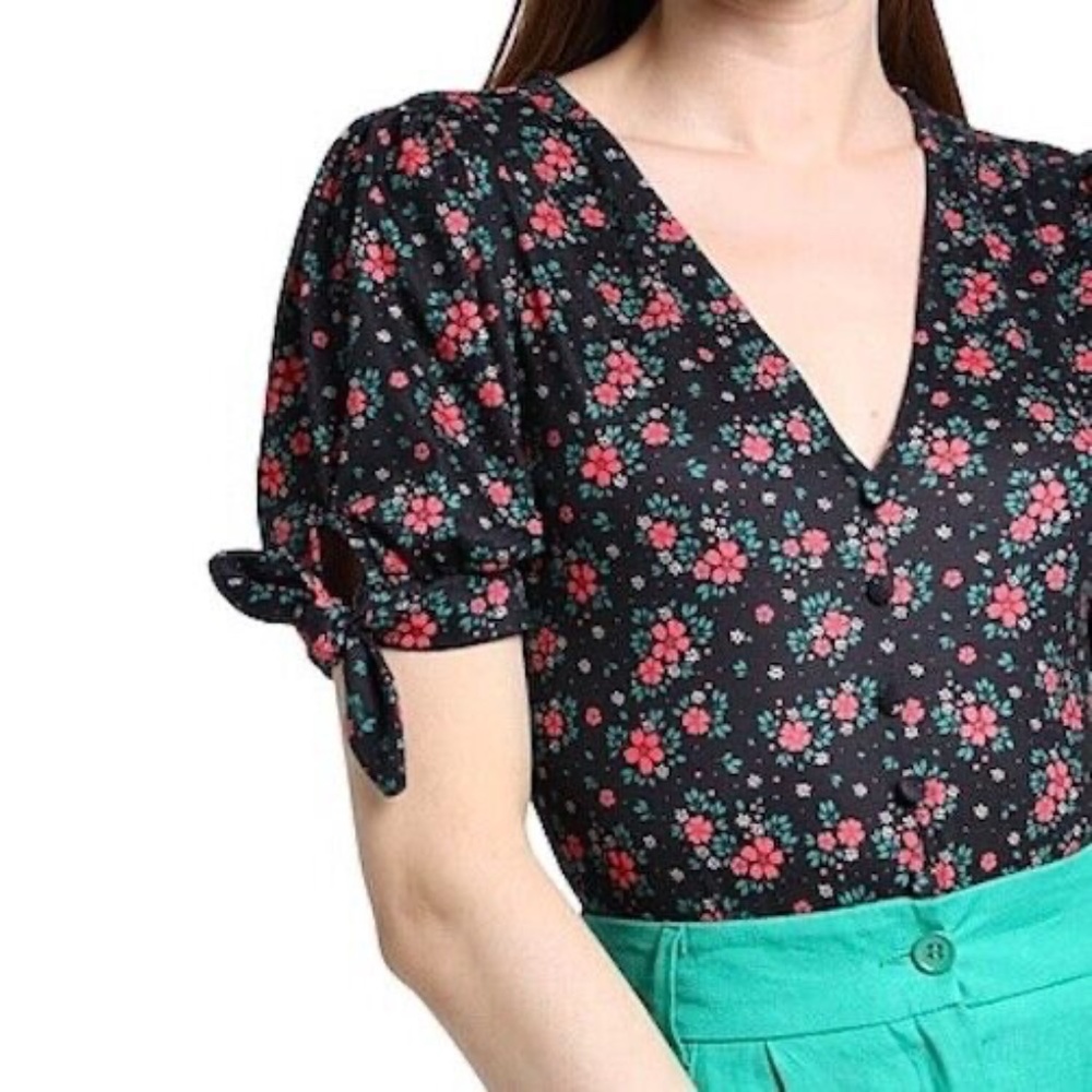 New Topshop Floral Tie Sleeve Button Front V-Neck Bodysuit Black Pink Size XS